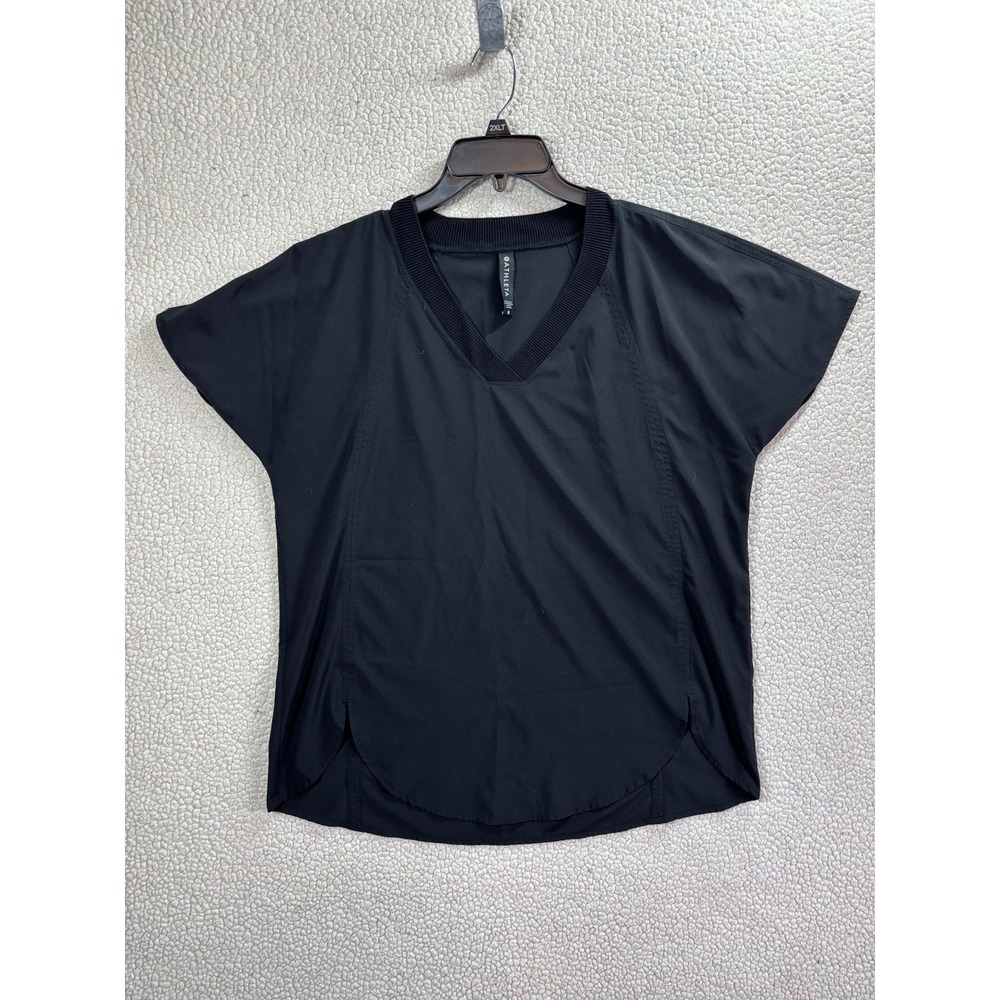 Athleta Top Women M Black V Neck Short Sleeve Ribbed Trim Shirttail Split Hem